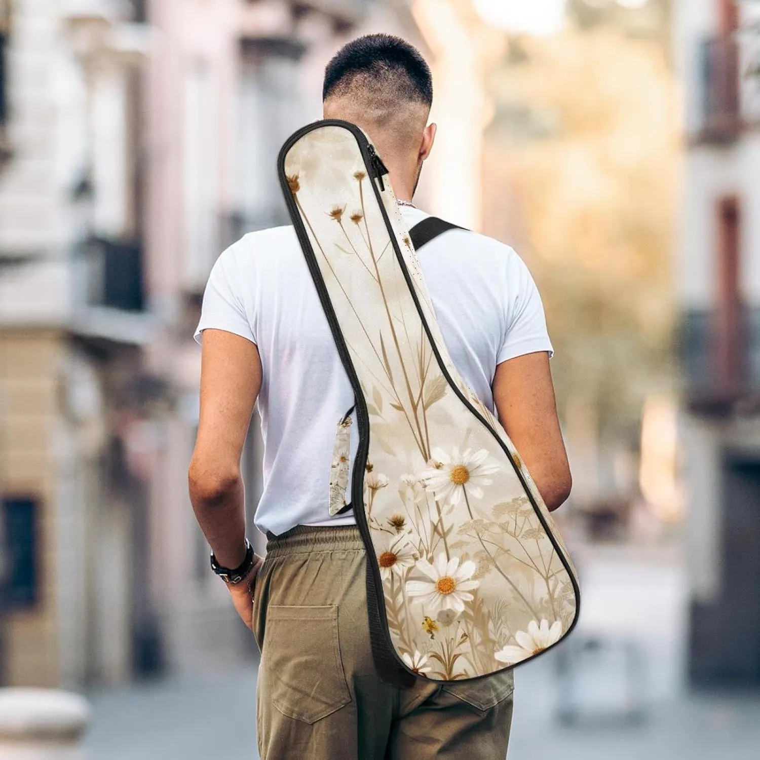 Waterproof Ukulele Case Bag, Durable 23" Ukulele Gig Bag with Storage and Handle - Wildflowers Beige White Vintage Pattern