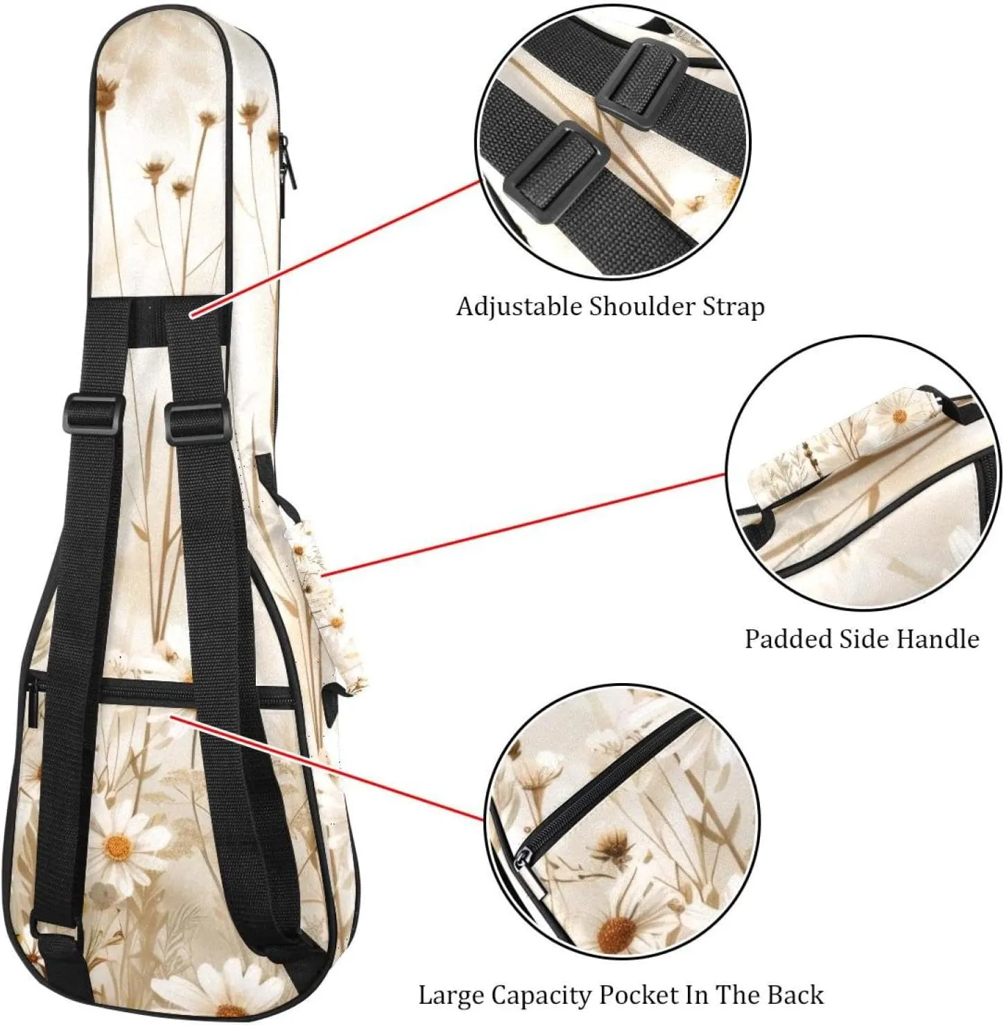 Waterproof Ukulele Case Bag, Durable 23" Ukulele Gig Bag with Storage and Handle - Wildflowers Beige White Vintage Pattern