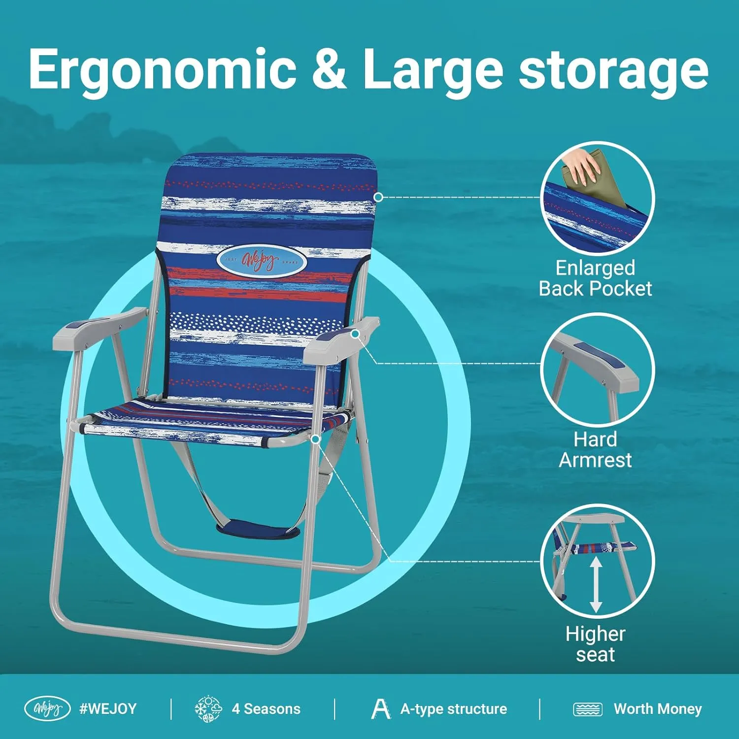 #WEJOY Folding Beach Chair for Adults, Lightweight Beach Chair with Shoulder Straps, High Back Beach Chairs with Hard Armrest, Supports 300lbs for Beach Lawn Concert