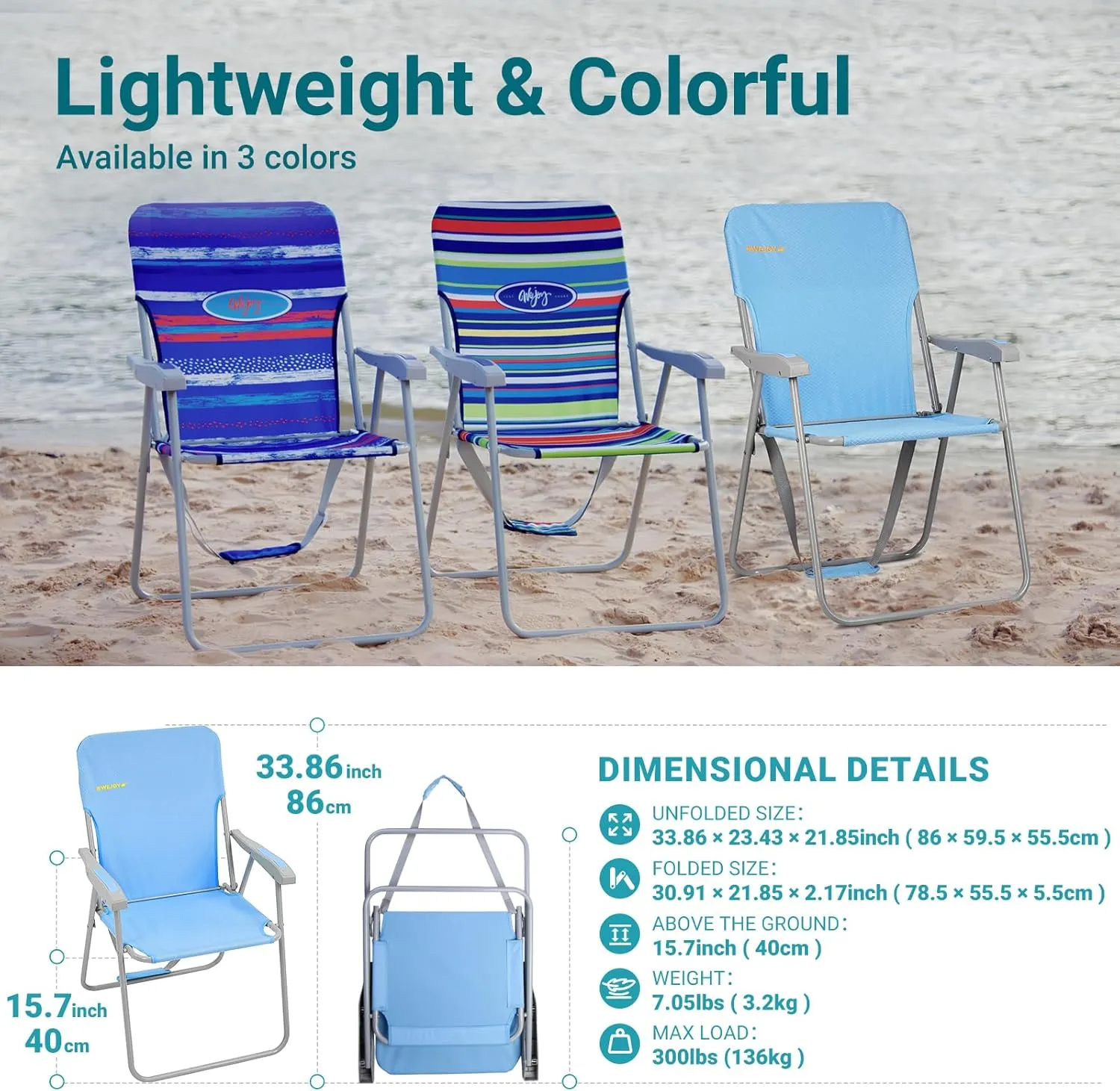 #WEJOY Folding Beach Chair for Adults, Lightweight Beach Chair with Shoulder Straps, High Back Beach Chairs with Hard Armrest, Supports 300lbs for Beach Lawn Concert