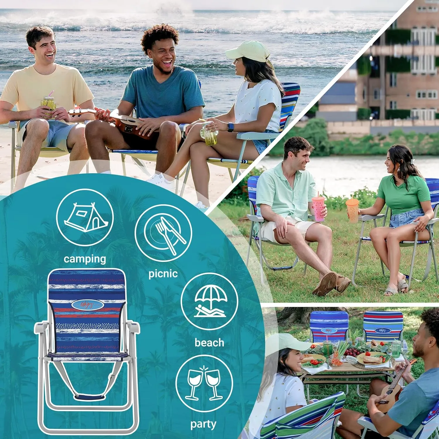 #WEJOY Folding Beach Chair for Adults, Lightweight Beach Chair with Shoulder Straps, High Back Beach Chairs with Hard Armrest, Supports 300lbs for Beach Lawn Concert