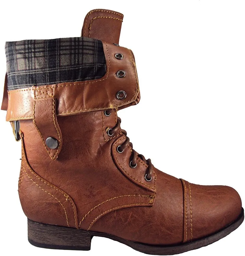 Wild Diva Women Jetta-25F Lace Up Combat Military Boots with Foldable Cuff