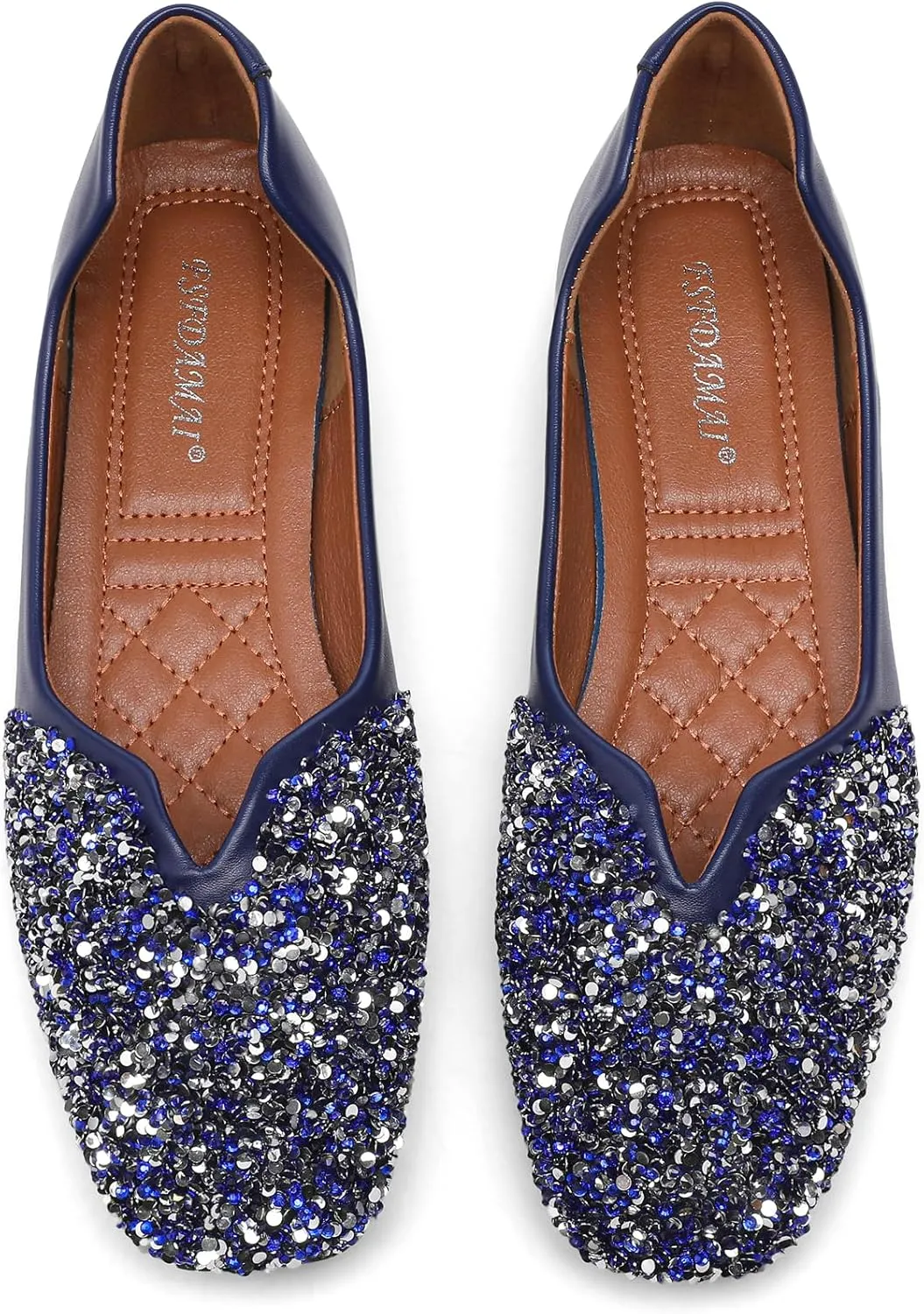 Women Rhinestone Flats Silver,Square Toe Bling Glitter Dressy Casual Bridal Wedding Sparkly Comfortable Shoe