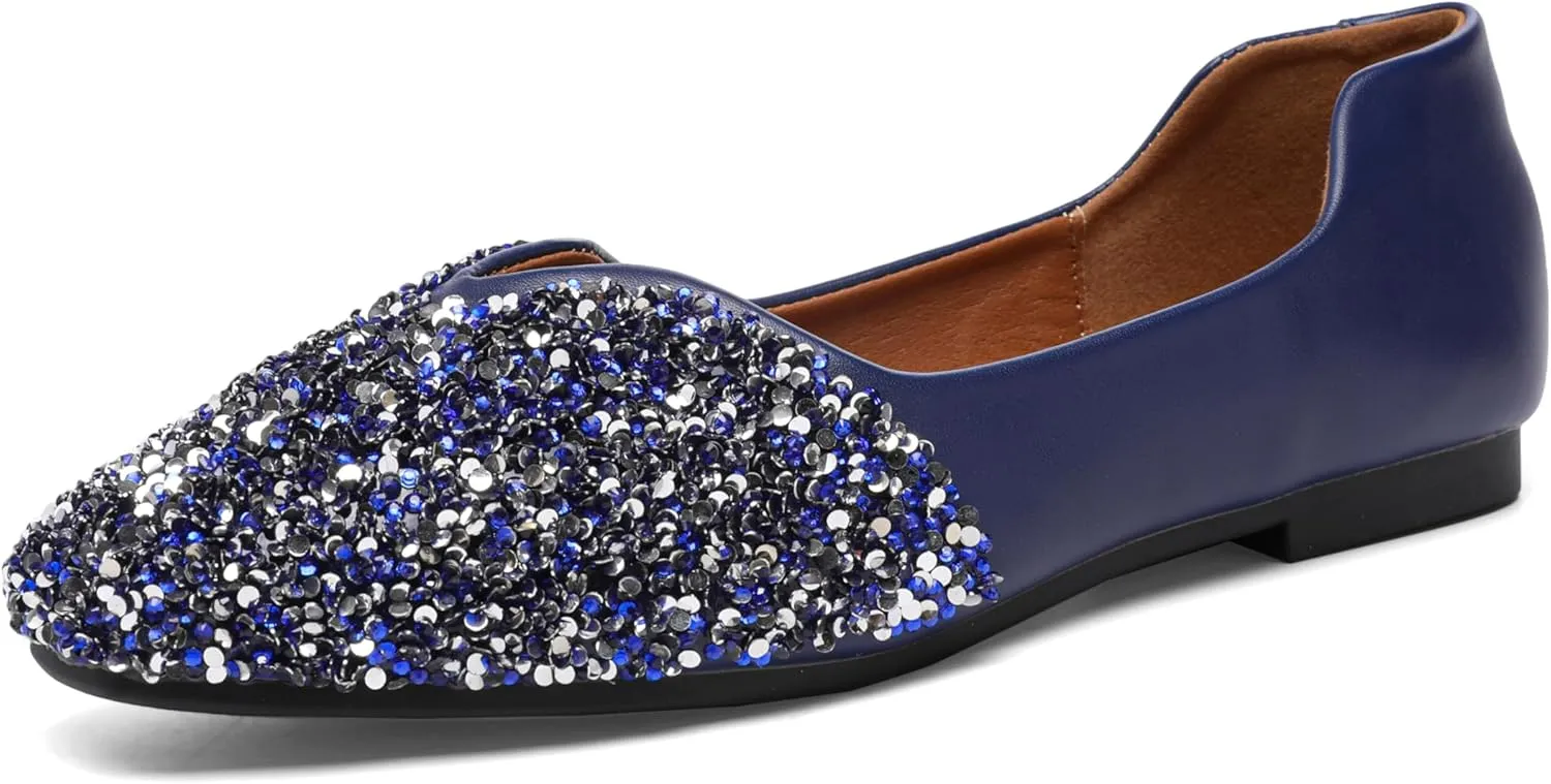 Women Rhinestone Flats Silver,Square Toe Bling Glitter Dressy Casual Bridal Wedding Sparkly Comfortable Shoe