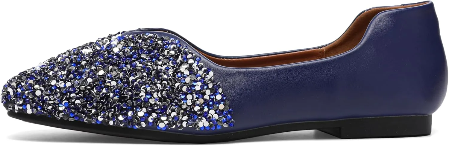 Women Rhinestone Flats Silver,Square Toe Bling Glitter Dressy Casual Bridal Wedding Sparkly Comfortable Shoe