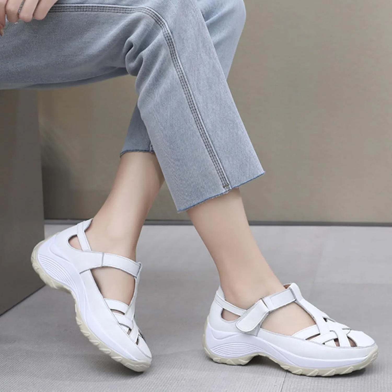 Women’s Genuine Leather Wedge Platform Orthopedic Sandals Summer Breathable Comfort Retro Hollow Out Hook Loop Round Closed Toe Casual Roman Sandals for Walking Beach Party Work