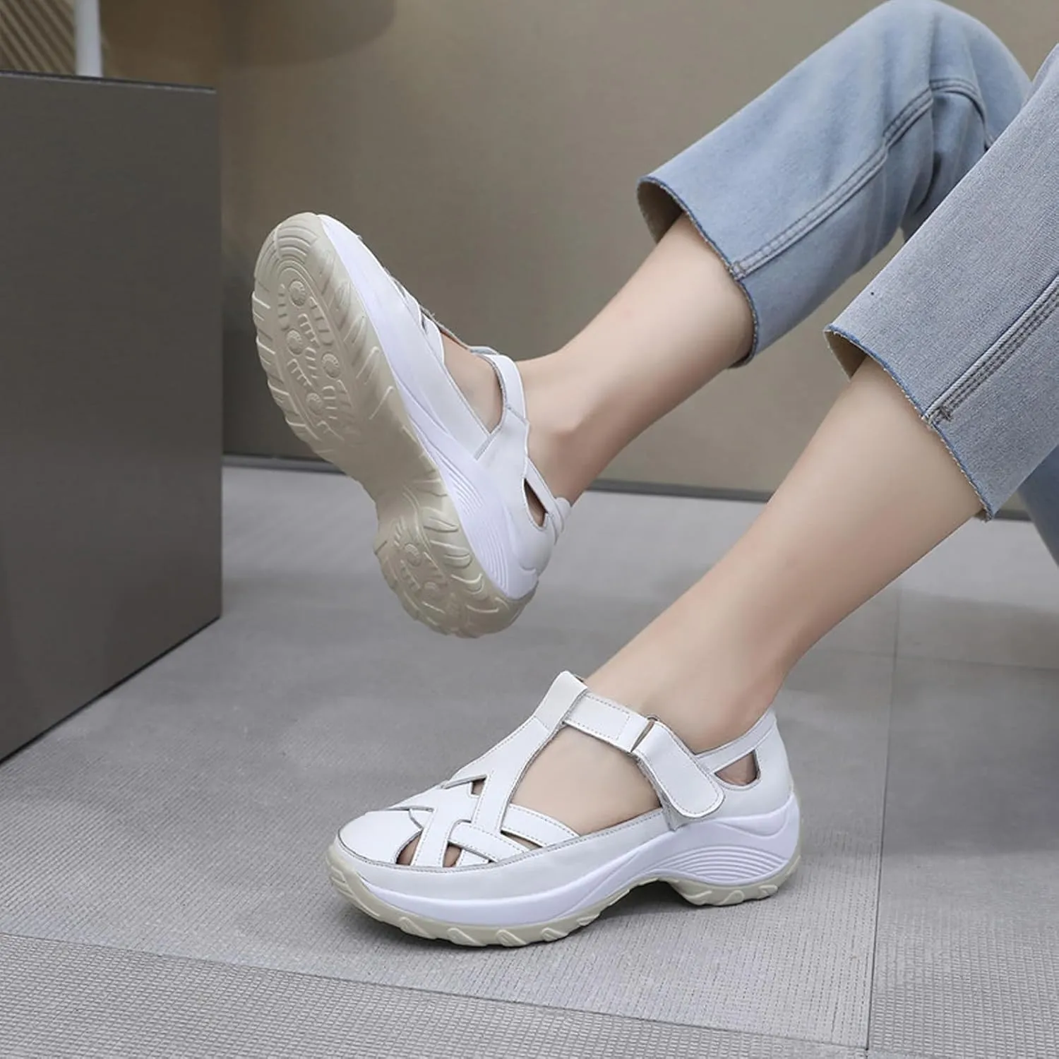 Women’s Genuine Leather Wedge Platform Orthopedic Sandals Summer Breathable Comfort Retro Hollow Out Hook Loop Round Closed Toe Casual Roman Sandals for Walking Beach Party Work