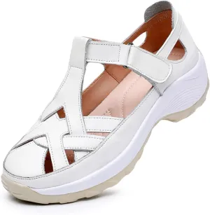 Women’s Genuine Leather Wedge Platform Orthopedic Sandals Summer Breathable Comfort Retro Hollow Out Hook Loop Round Closed Toe Casual Roman Sandals for Walking Beach Party Work