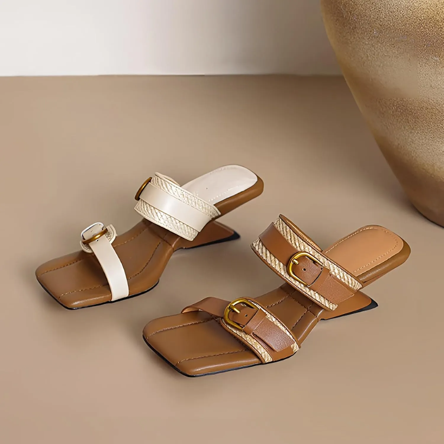 Women's Leather Double Buckle Slip-On Low Block Heel Sandals Adjustable Fashion Square Open Toe Woven Chunky Heels Dress Slides Summer Leisure Office Party Sandal