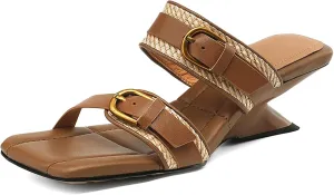 Women's Leather Double Buckle Slip-On Low Block Heel Sandals Adjustable Fashion Square Open Toe Woven Chunky Heels Dress Slides Summer Leisure Office Party Sandal