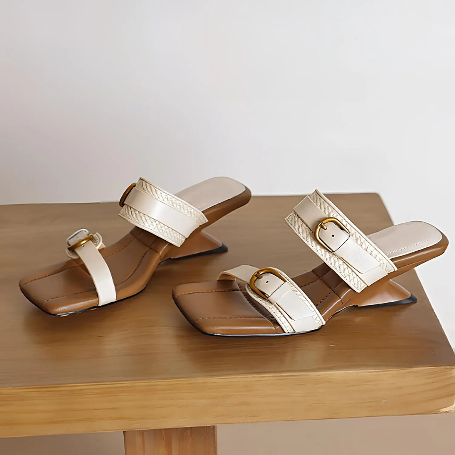 Women's Leather Double Buckle Slip-On Low Block Heel Sandals Adjustable Fashion Square Open Toe Woven Chunky Heels Dress Slides Summer Leisure Office Party Sandal
