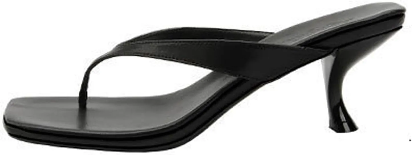 Women'S Leather Kitten Heel Flip Flops Summer Square Open Toe Slip-On High Heel Clip Toe Sandals Leisure Beach Parties Slide Sandals