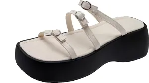 Women'S Leather mulit strappy Platform Slides sadals Fashion square Open Toe chunky goth Y2K slippers For Summer Casual Beach Chunky Wedge sandals