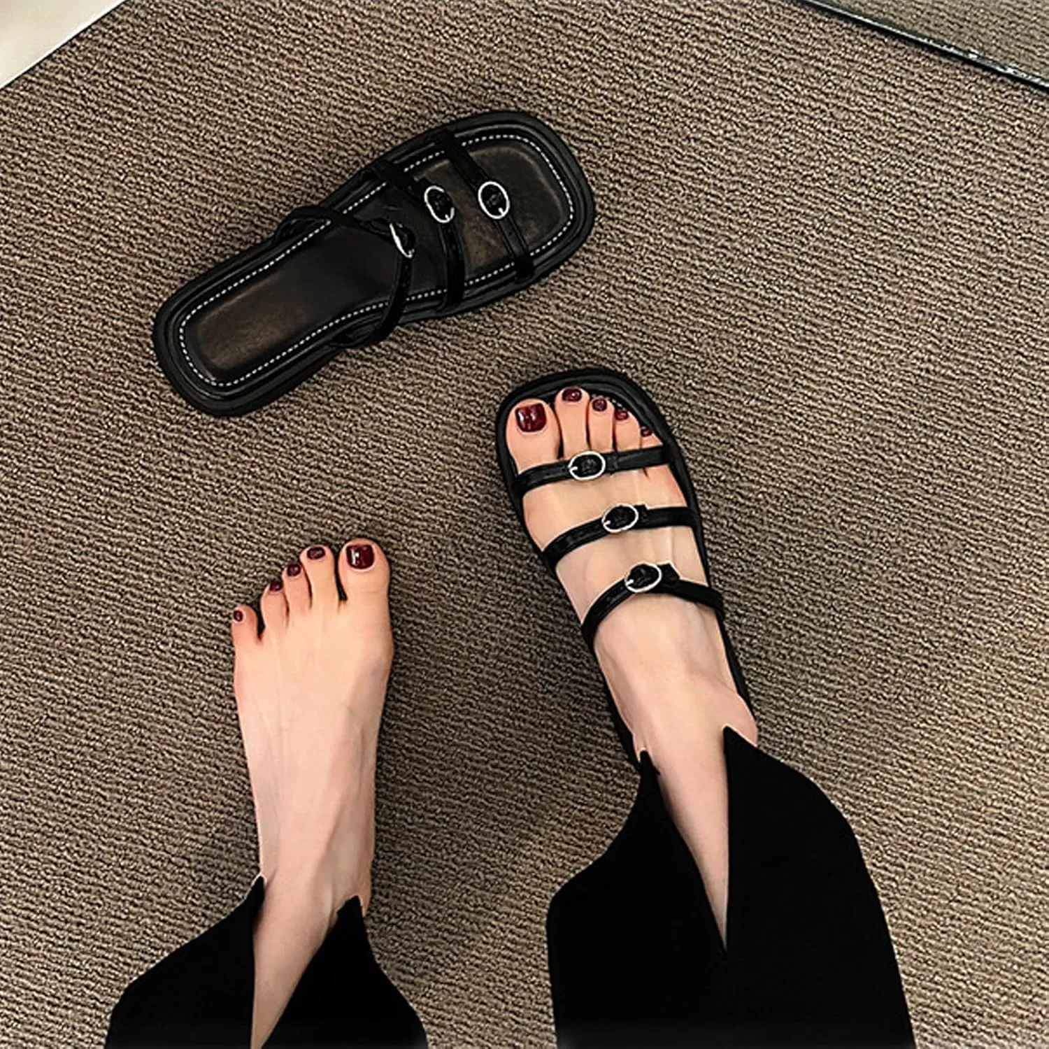 Women'S Leather mulit strappy Platform Slides sadals Fashion square Open Toe chunky goth Y2K slippers For Summer Casual Beach Chunky Wedge sandals