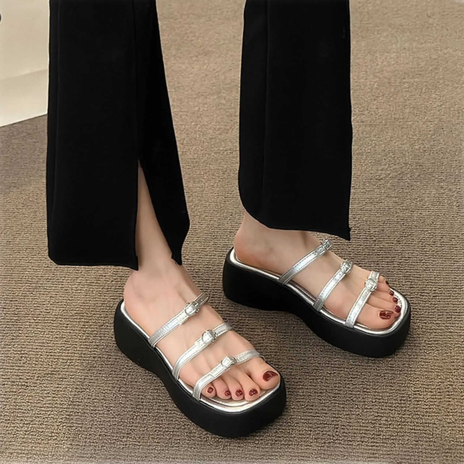 Women'S Leather mulit strappy Platform Slides sadals Fashion square Open Toe chunky goth Y2K slippers For Summer Casual Beach Chunky Wedge sandals