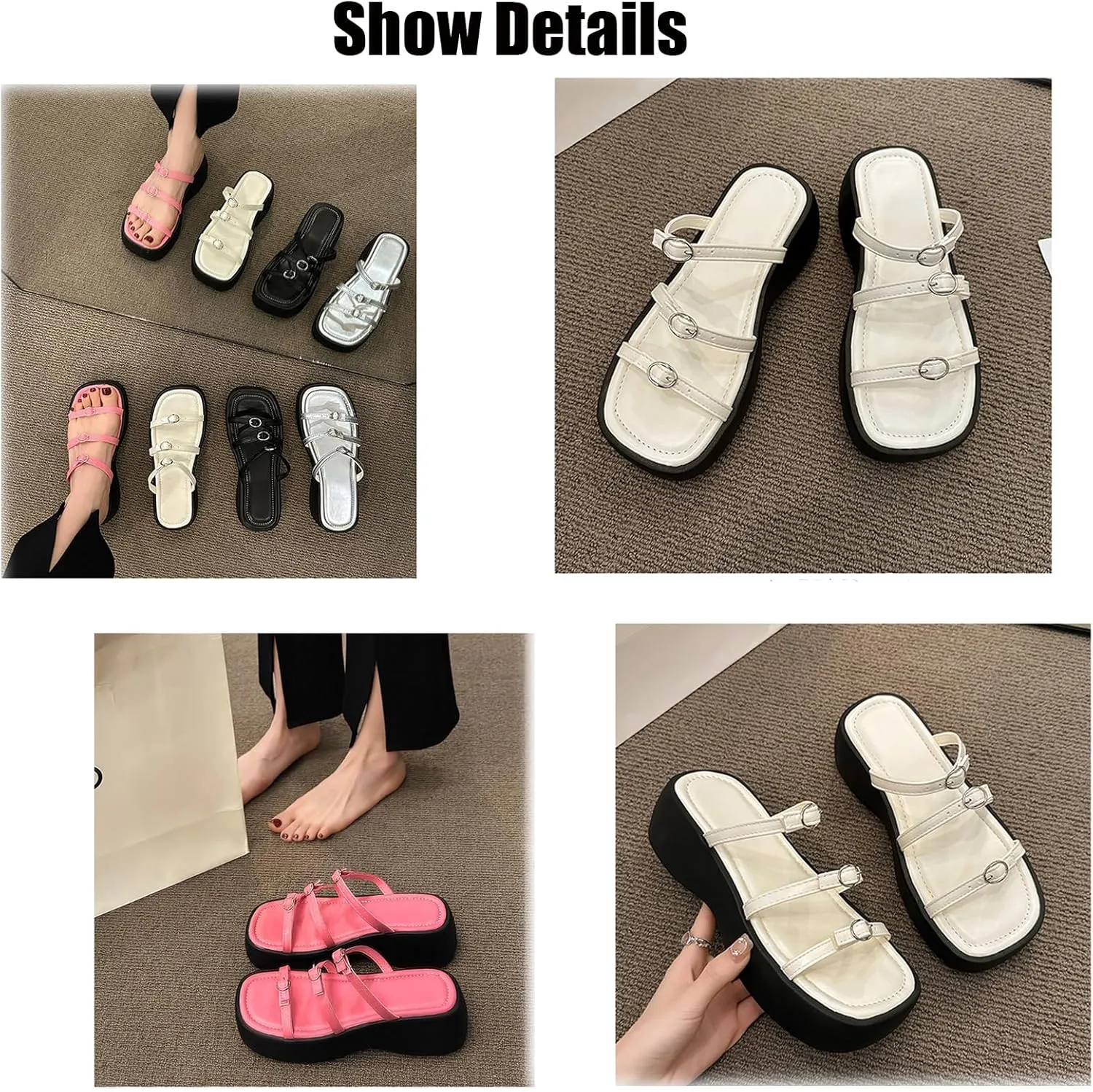 Women'S Leather mulit strappy Platform Slides sadals Fashion square Open Toe chunky goth Y2K slippers For Summer Casual Beach Chunky Wedge sandals