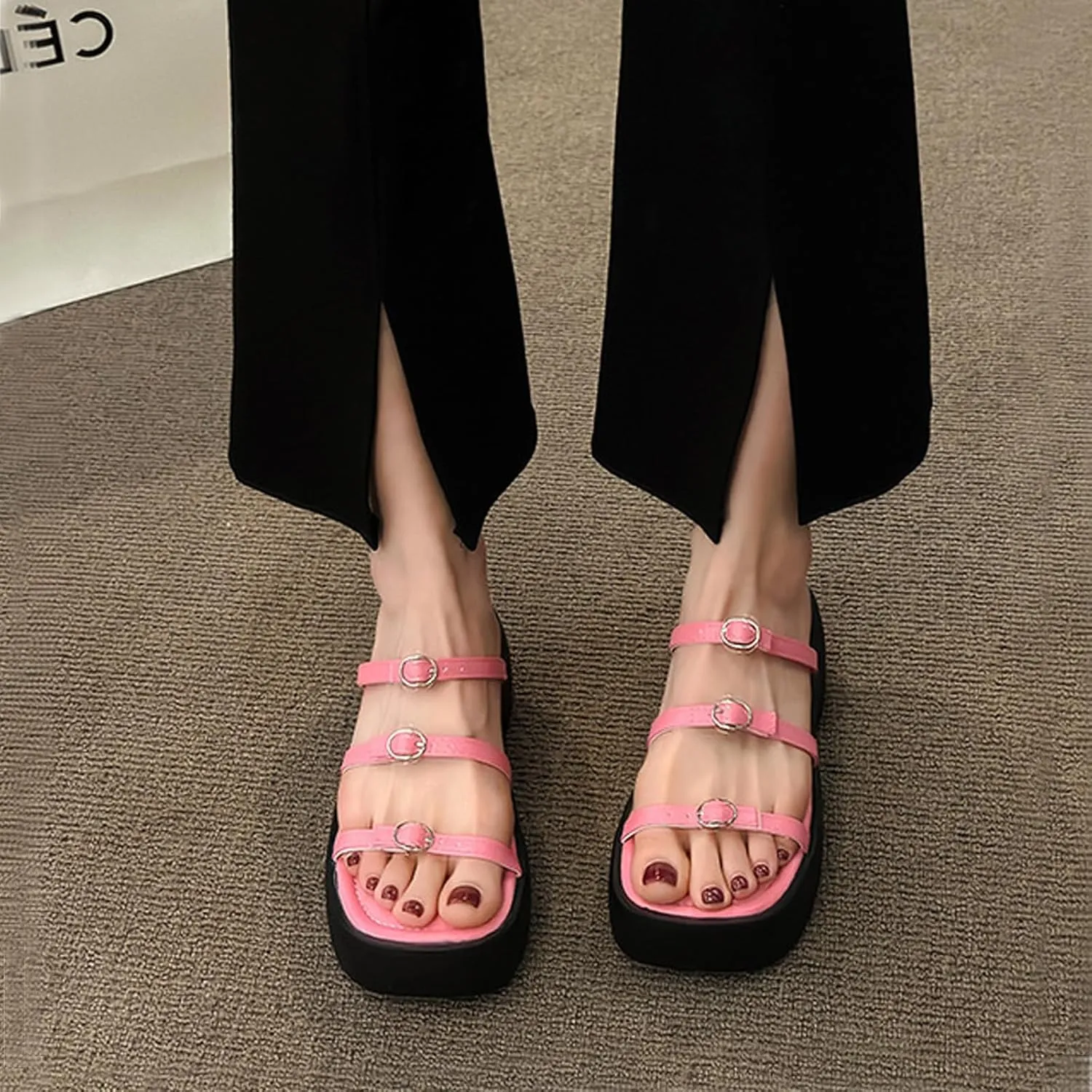 Women'S Leather mulit strappy Platform Slides sadals Fashion square Open Toe chunky goth Y2K slippers For Summer Casual Beach Chunky Wedge sandals