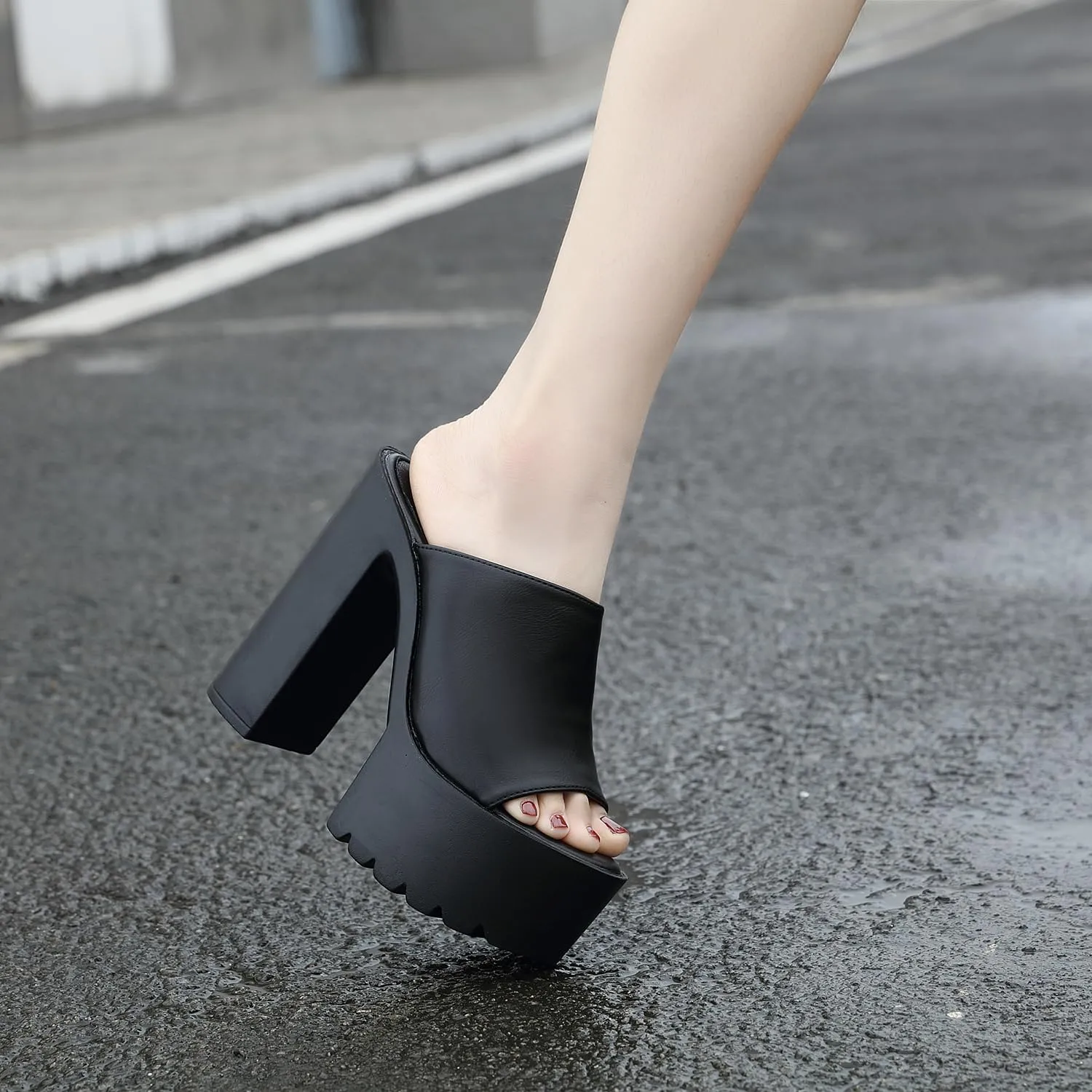 Women's Open Toe High Heel Platform Mules, Block Chunky Heel Slide, Slip on Summer Sandal Slipper