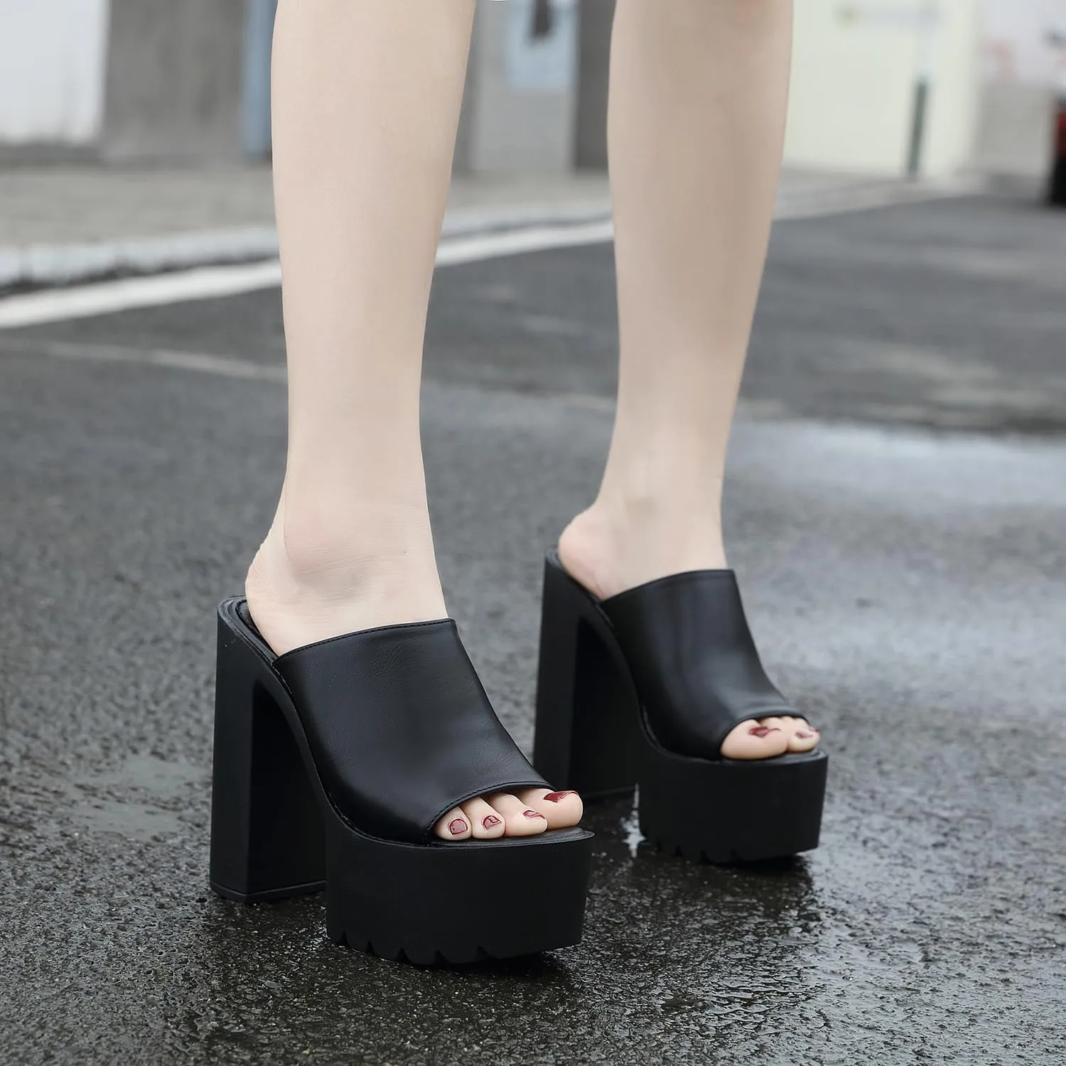Women's Open Toe High Heel Platform Mules, Block Chunky Heel Slide, Slip on Summer Sandal Slipper