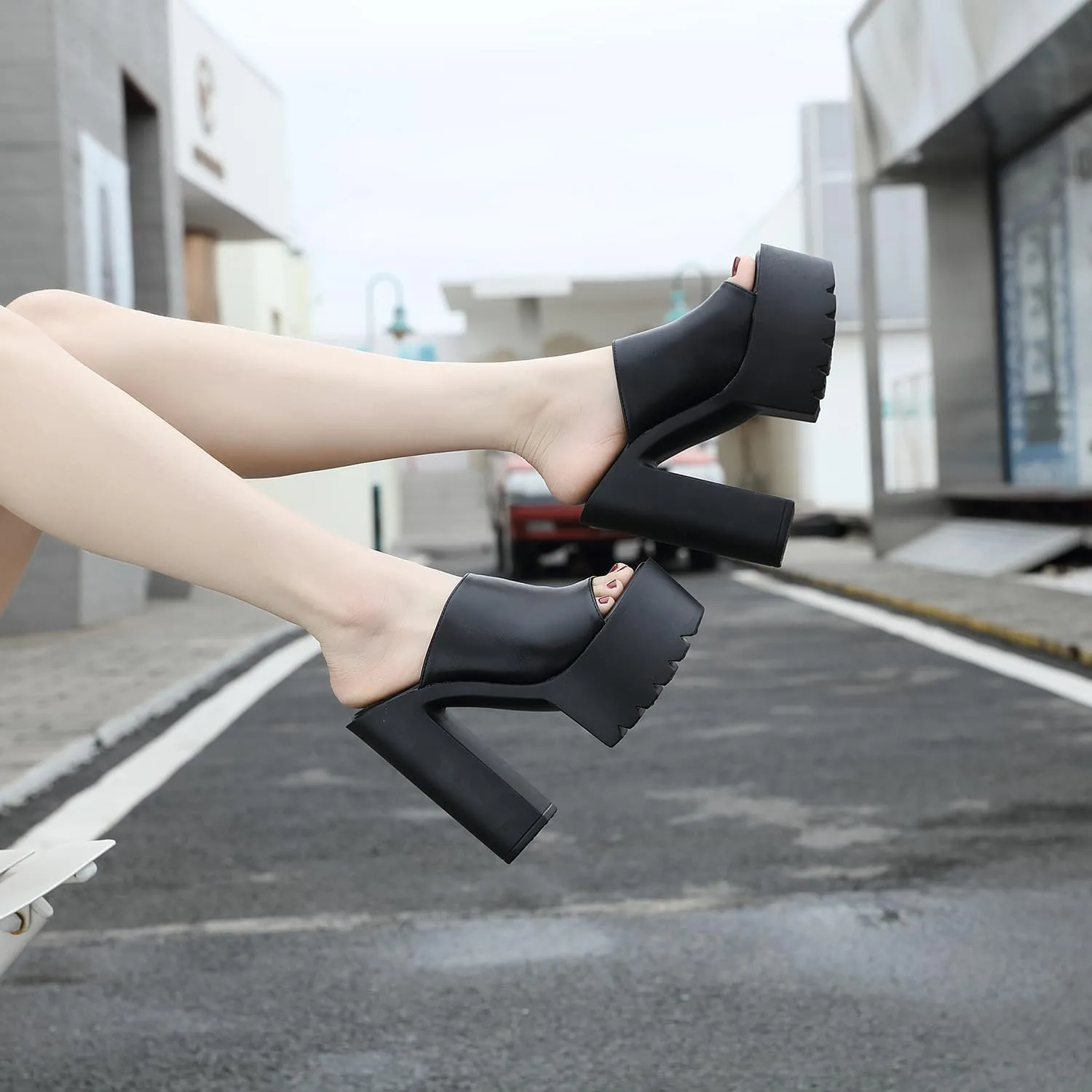 Women's Open Toe High Heel Platform Mules, Block Chunky Heel Slide, Slip on Summer Sandal Slipper