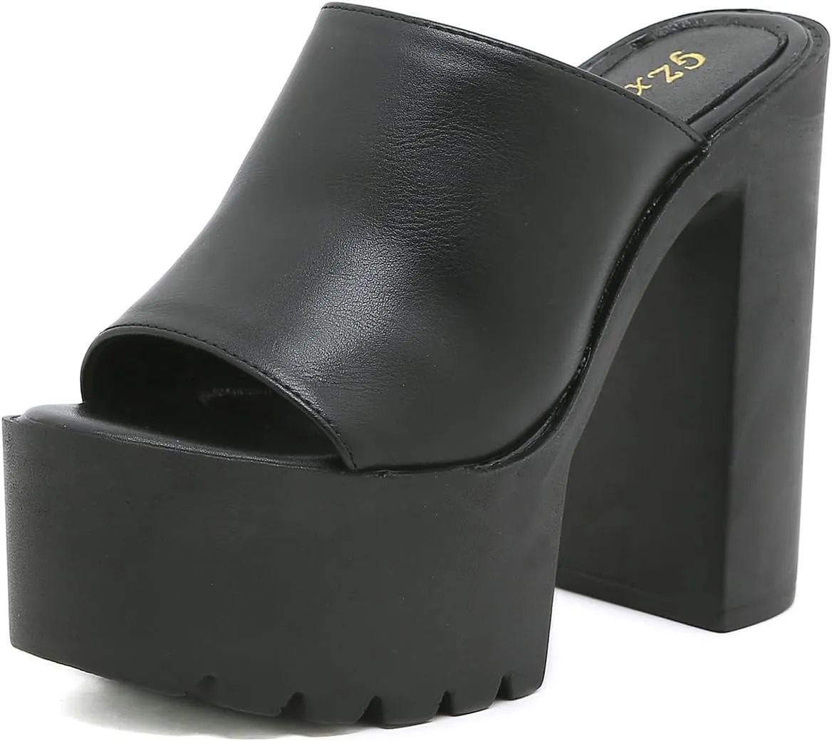 Women's Open Toe High Heel Platform Mules, Block Chunky Heel Slide, Slip on Summer Sandal Slipper