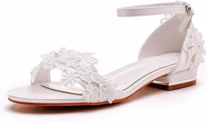 Women's Satin Flat Sandals, White Bridal Shoes Wedding Dress Lace Flower Shallow Mouth Open Toes Ankle Buckle Comfortable Casual Shoes, 39 EU,White