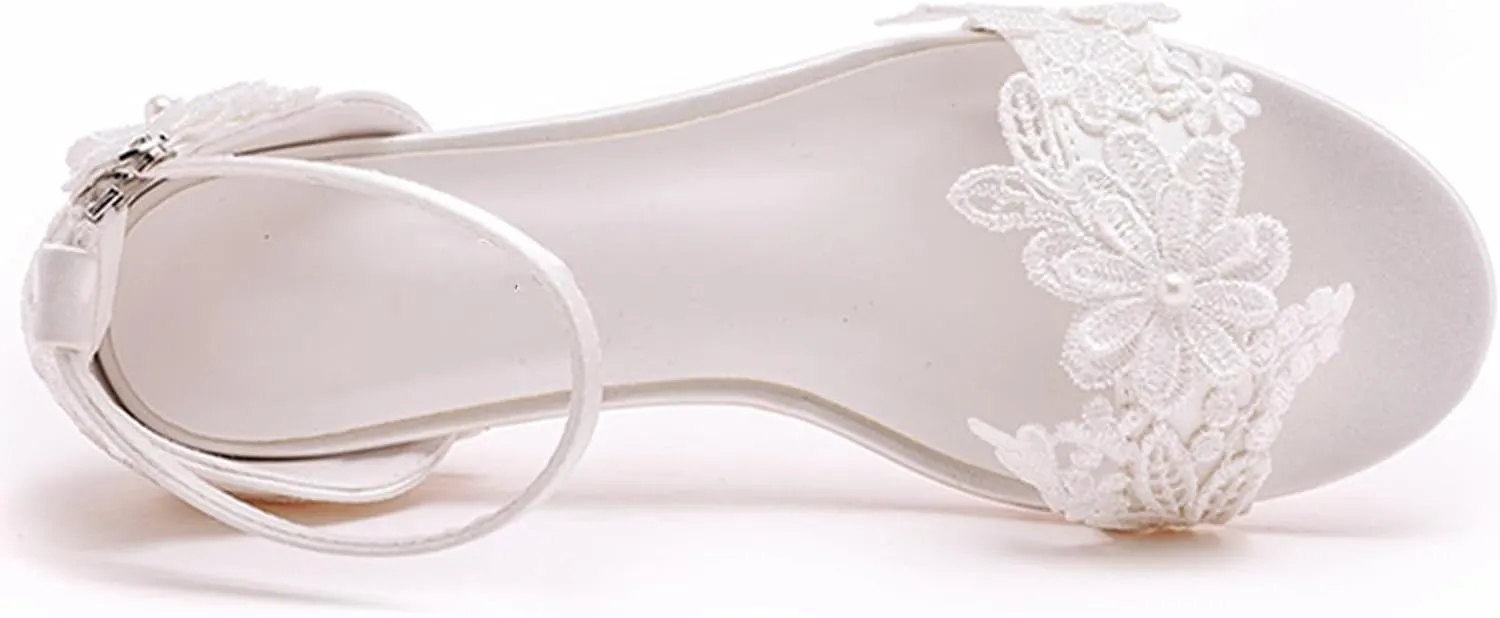 Women's Satin Flat Sandals, White Bridal Shoes Wedding Dress Lace Flower Shallow Mouth Open Toes Ankle Buckle Comfortable Casual Shoes, 39 EU,White