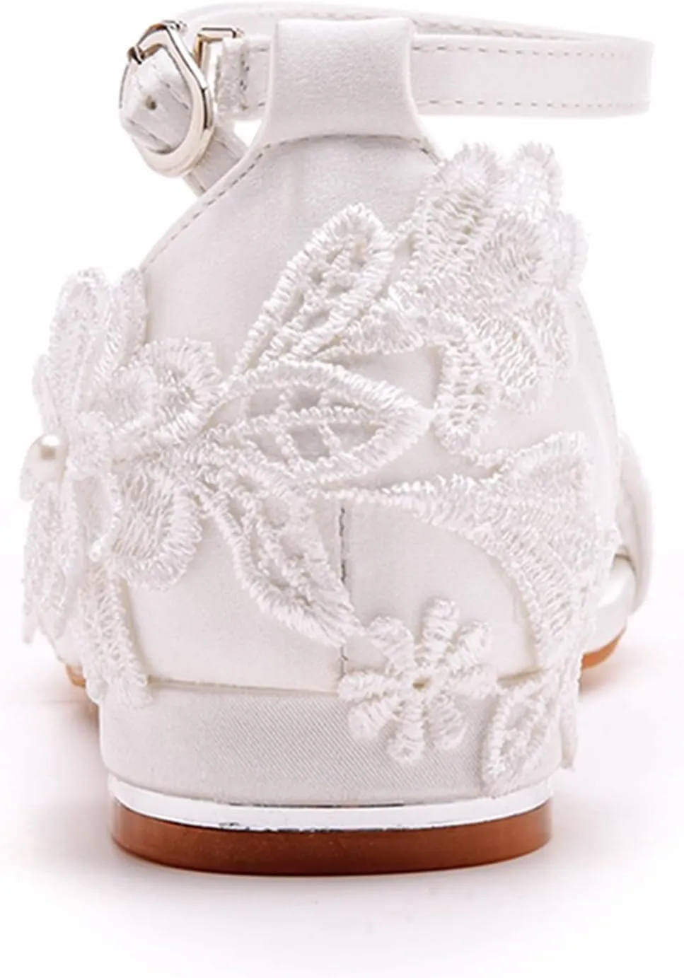 Women's Satin Flat Sandals, White Bridal Shoes Wedding Dress Lace Flower Shallow Mouth Open Toes Ankle Buckle Comfortable Casual Shoes, 39 EU,White