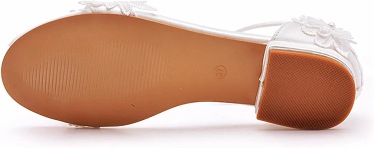 Women's Satin Flat Sandals, White Bridal Shoes Wedding Dress Lace Flower Shallow Mouth Open Toes Ankle Buckle Comfortable Casual Shoes, 39 EU,White