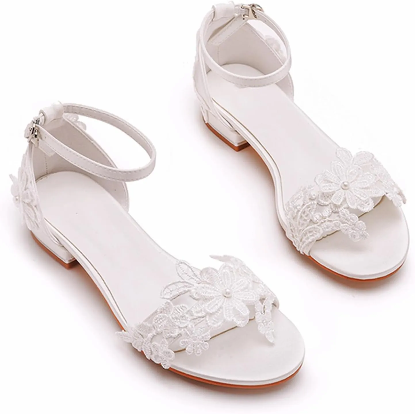 Women's Satin Flat Sandals, White Bridal Shoes Wedding Dress Lace Flower Shallow Mouth Open Toes Ankle Buckle Comfortable Casual Shoes, 39 EU,White