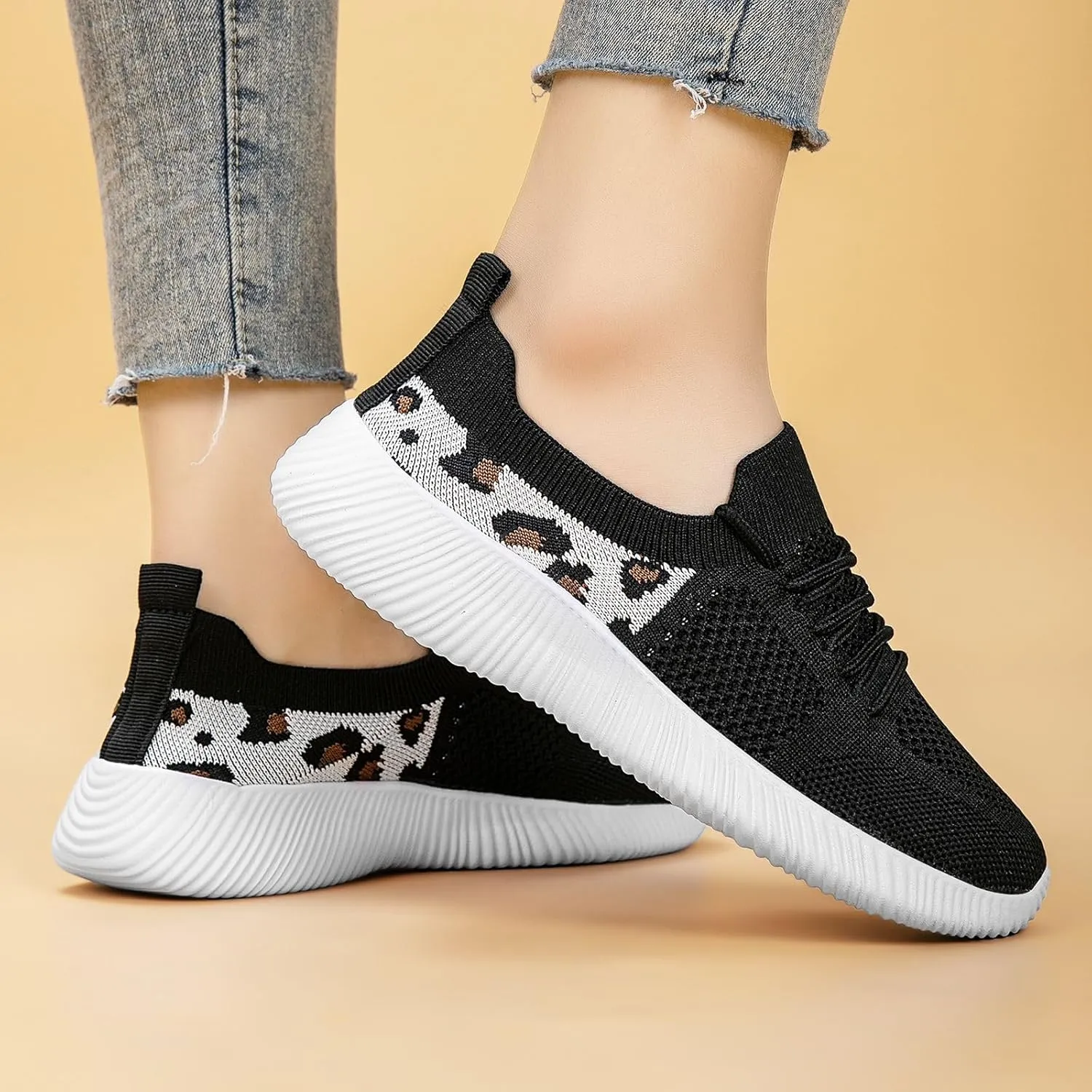 Women's Slip-On Shoes with Leopard Cheetah Print Casual Sneakers Crafted by Flying-Woven Tatting Breathable Mesh Fashionable Shoes for Ladies with Anti-Slip and Wear-Resistant Soft Outsole