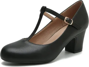 Women's T-Strap Mary Jane Pumps Closed Toe Low Block Chunky Heels Ankle Strap Wedding Business Dressy Evening Party Shoes