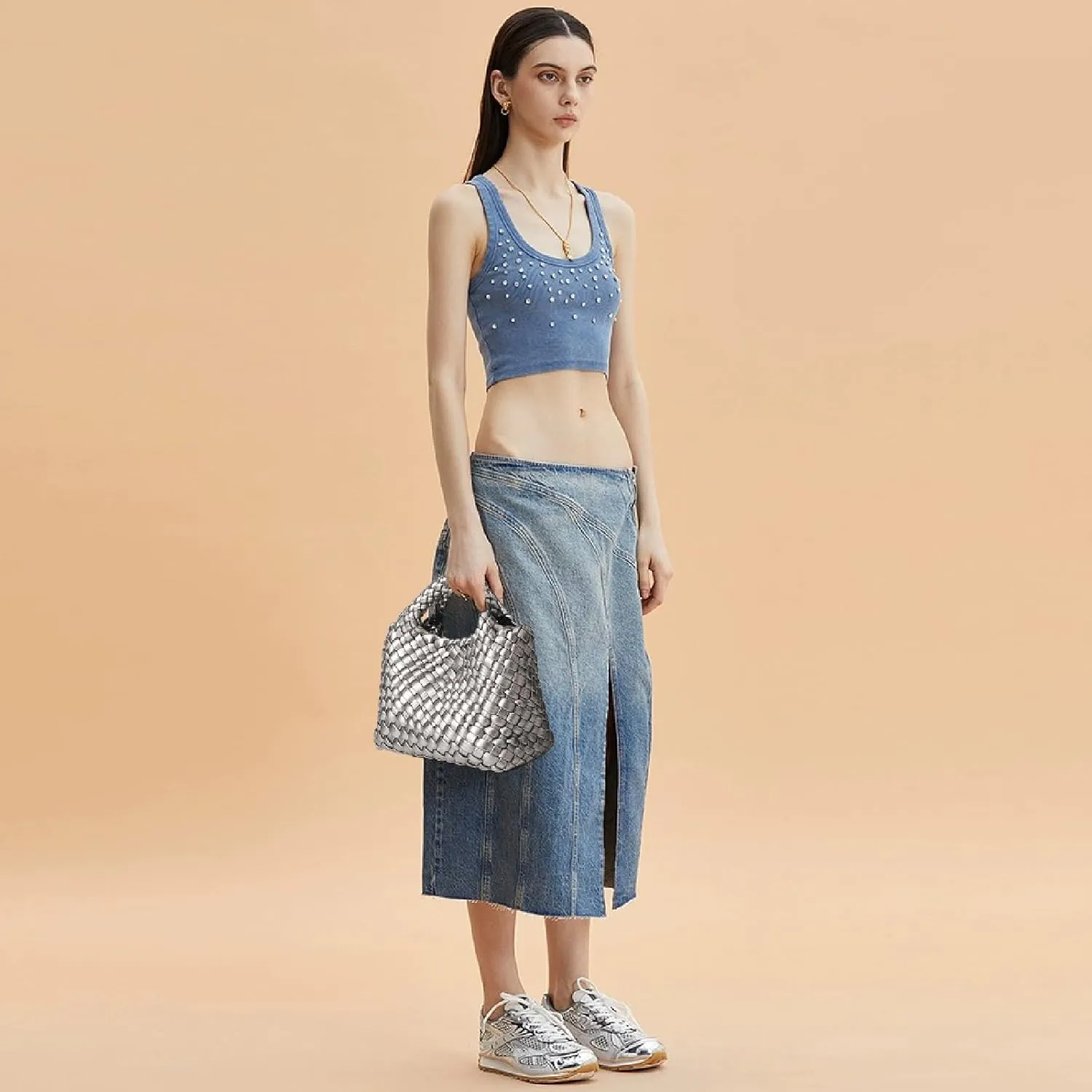 Woven Tote Bag for Women with Coin Purse, Foldable Chain Small Crossbody Handbags, Fashion Shoulder Bag, Hobo Satchel