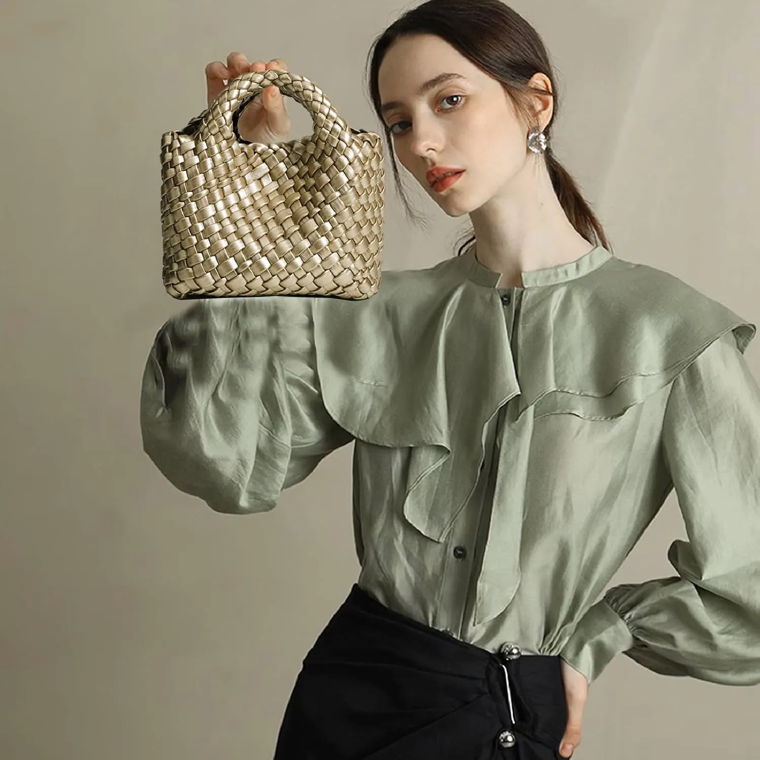 Woven Tote Bag for Women with Coin Purse, Foldable Chain Small Crossbody Handbags, Fashion Shoulder Bag, Hobo Satchel