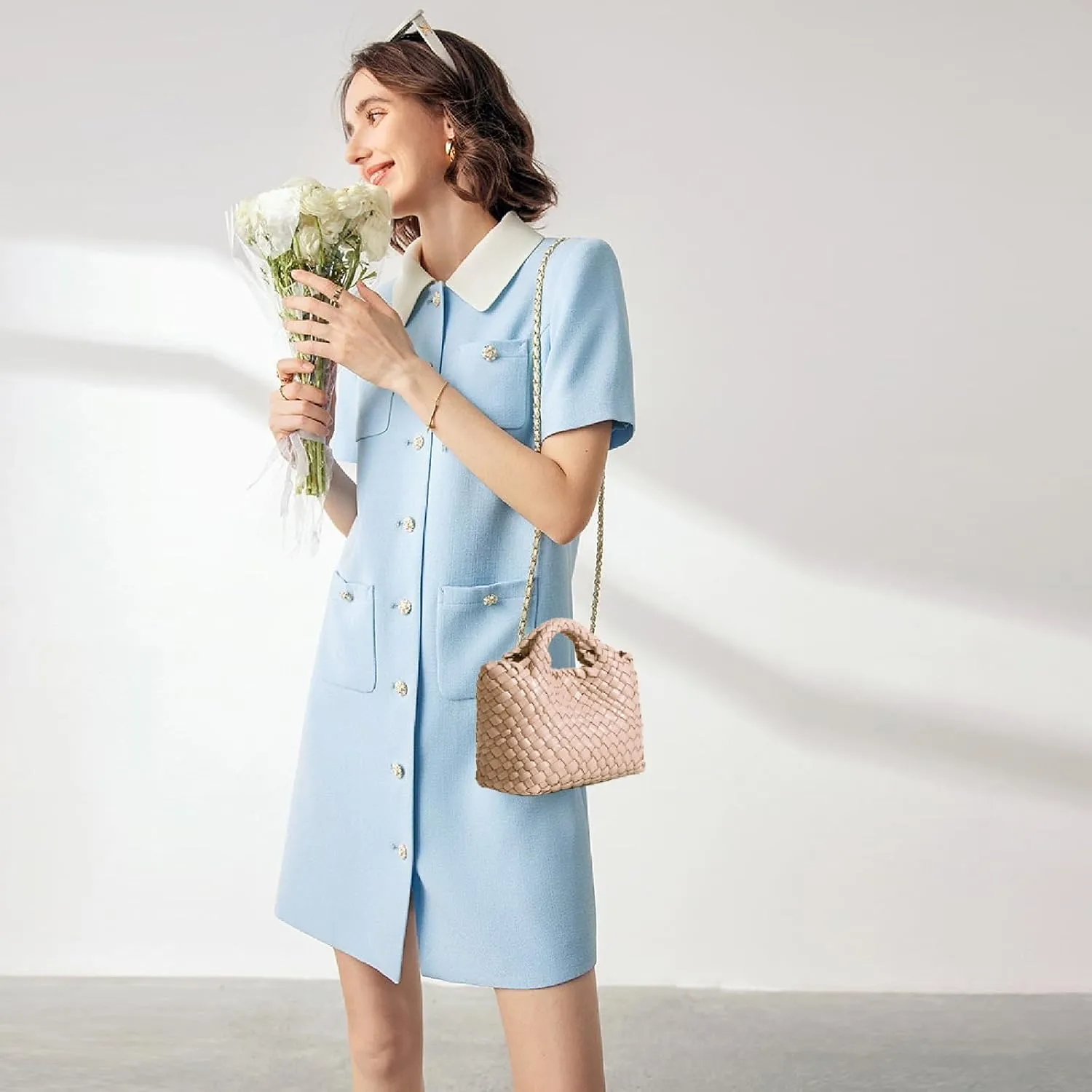 Woven Tote Bag for Women with Coin Purse, Foldable Chain Small Crossbody Handbags, Fashion Shoulder Bag, Hobo Satchel