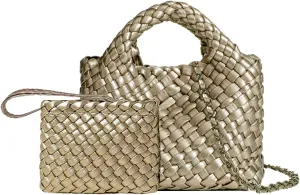 Woven Tote Bag for Women with Coin Purse, Foldable Chain Small Crossbody Handbags, Fashion Shoulder Bag, Hobo Satchel