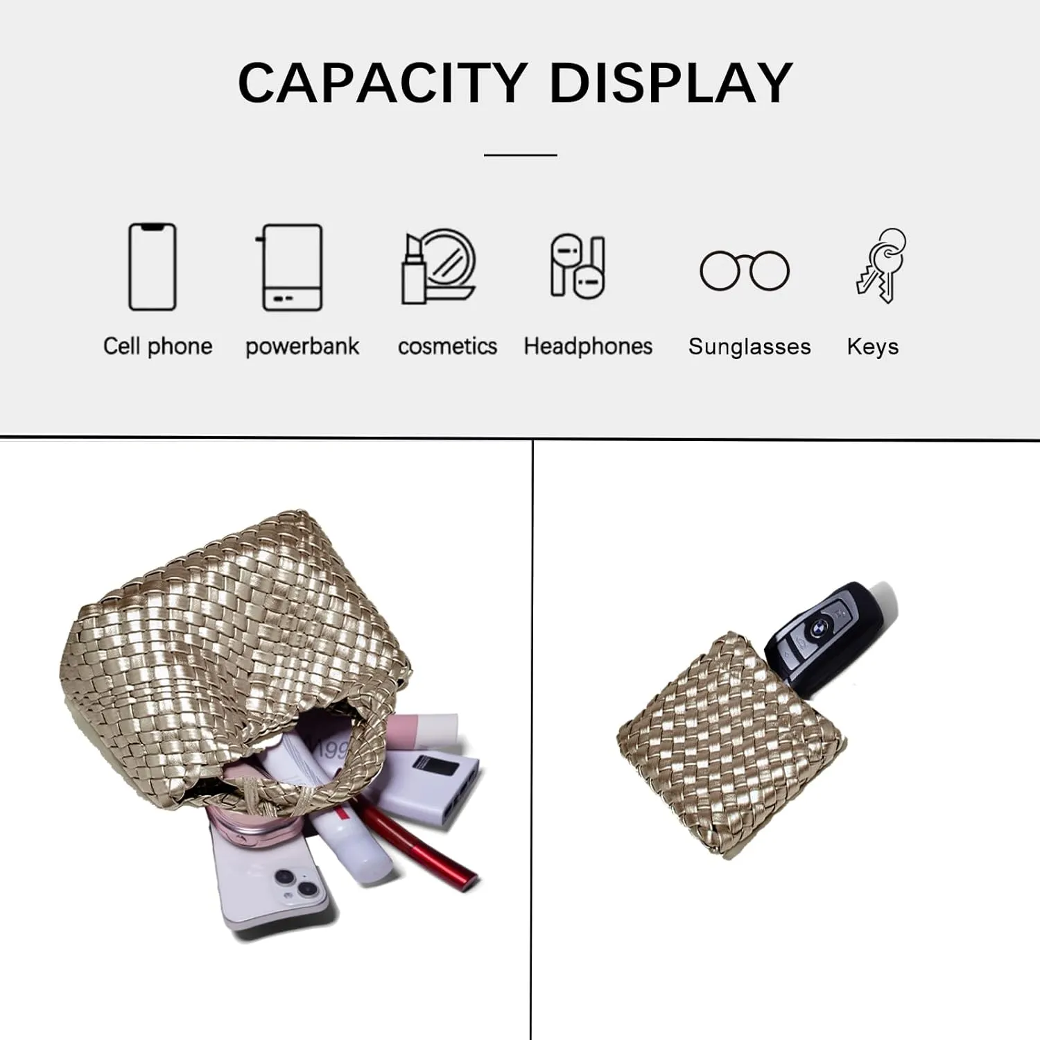 Woven Tote Bag for Women with Coin Purse, Foldable Chain Small Crossbody Handbags, Fashion Shoulder Bag, Hobo Satchel