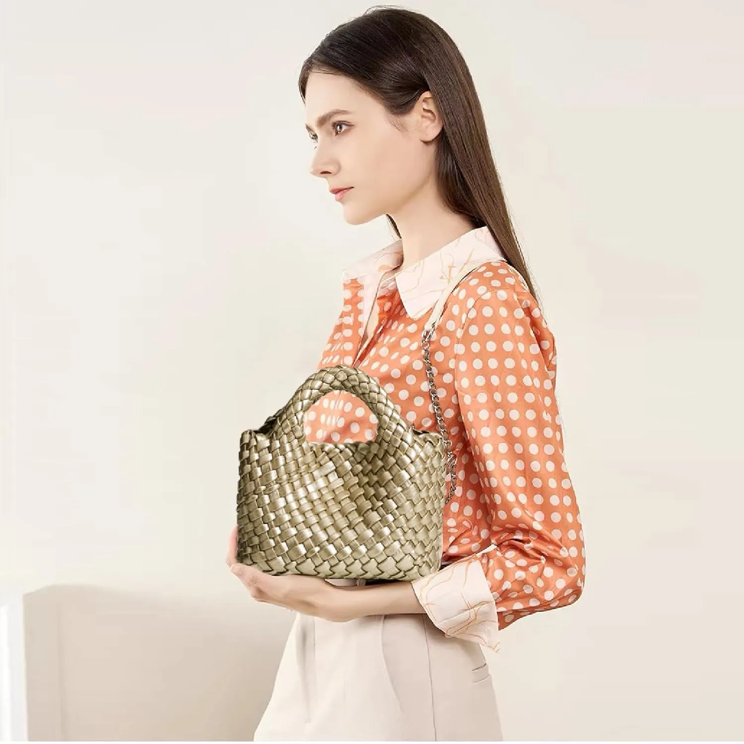 Woven Tote Bag for Women with Coin Purse, Foldable Chain Small Crossbody Handbags, Fashion Shoulder Bag, Hobo Satchel