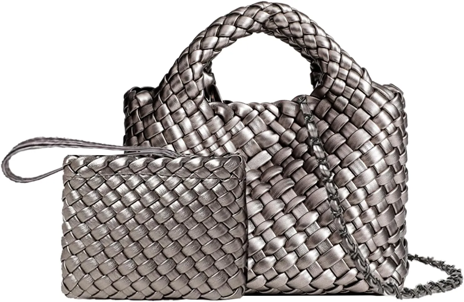 Woven Tote Bag for Women with Coin Purse, Foldable Chain Small Crossbody Handbags, Fashion Shoulder Bag, Hobo Satchel