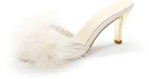 YIBLBOX Women's Round Toe Sandal Fluffy Feather Sexy Slippers Kitten Heeled Slippers