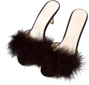YIBLBOX Women's Round Toe Sandal Fluffy Feather Sexy Slippers Kitten Heeled Slippers