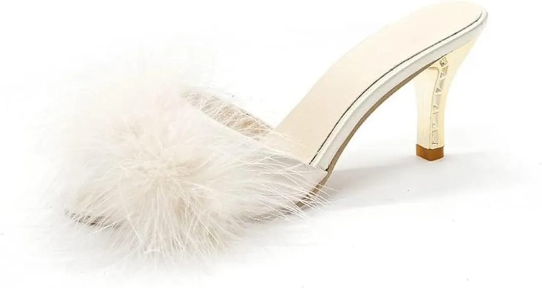YIBLBOX Women's Round Toe Sandal Fluffy Feather Sexy Slippers Kitten Heeled Slippers